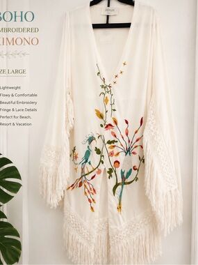 Ivory Embroidered Boho Kimono Swim Coverup